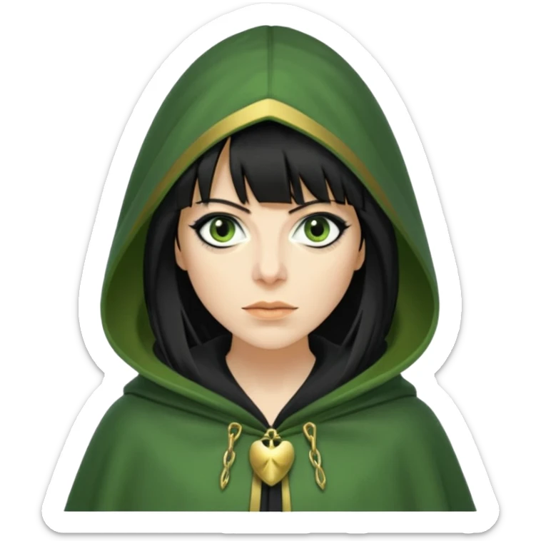 claudia winkleman with a heavy fringe as a traitor with a green hooded cloak with a gold clasp and dark black eyeliner sticker
