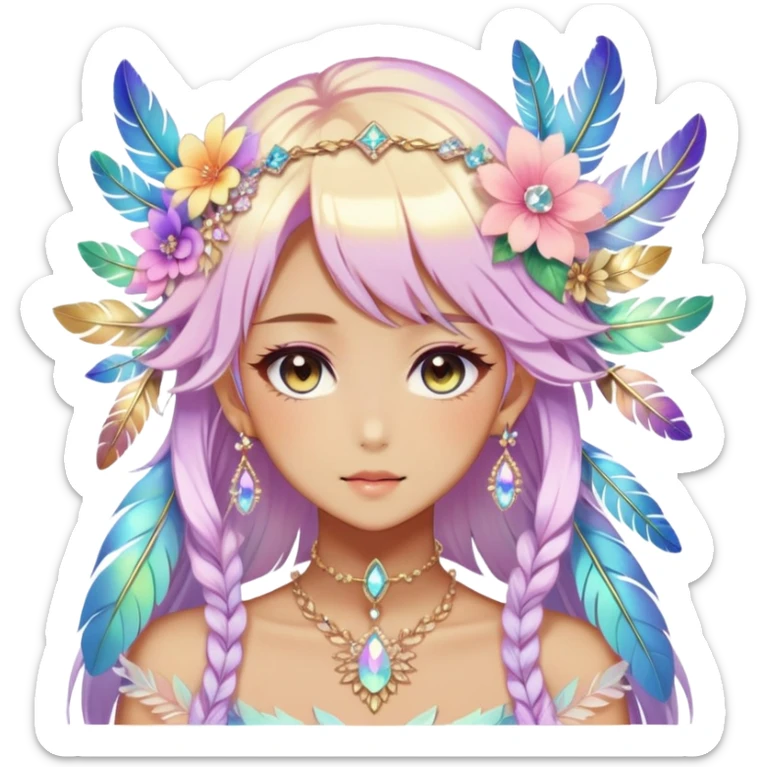 Beautiful gorgeous anime lady with beautiful iridescent-special-hair, fashion aesthetic, ethereal, fairycore, pastelcore, feather, flower, crystals, accessories, jewelries, gold, colorful sticker