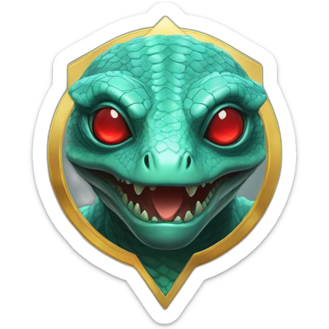 Aquamarine Reptilian with red lasers from the eyes in black suite on the golden coin sticker
