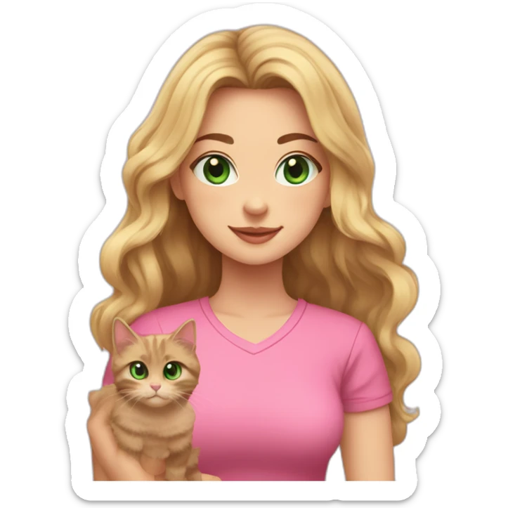 woman with green eyes and long wavy blonde hair in a pink shirt is holding a very fluffy and fat black and tortoiseshell cat sticker