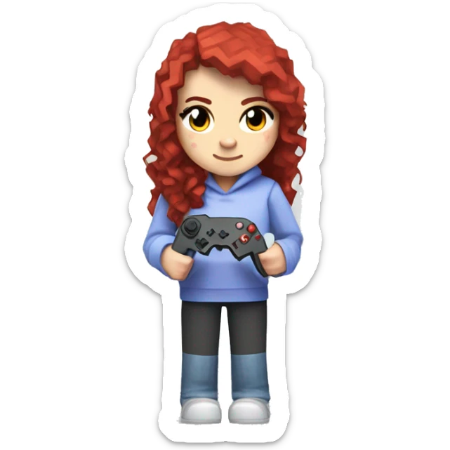 a white minecraft  girl with long red curly hair, wearing periwinkle Minecraft hoodie holding a controller sticker
