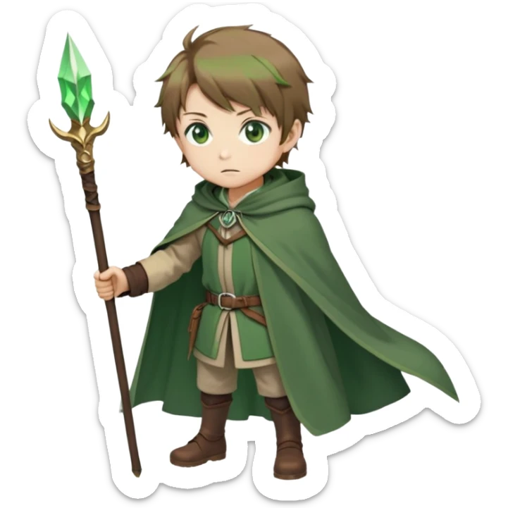 Rudeus Greyrat from Mushoku Tensei, green eyes, short light brown hair, wearing adventurer's outfit with a green cloak, holding a staff, confident and curious expression sticker
