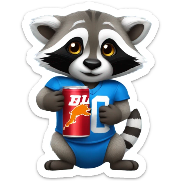 A cute raccoon holding a red bull drink, wearing a blue Detroit lions jersey  sticker