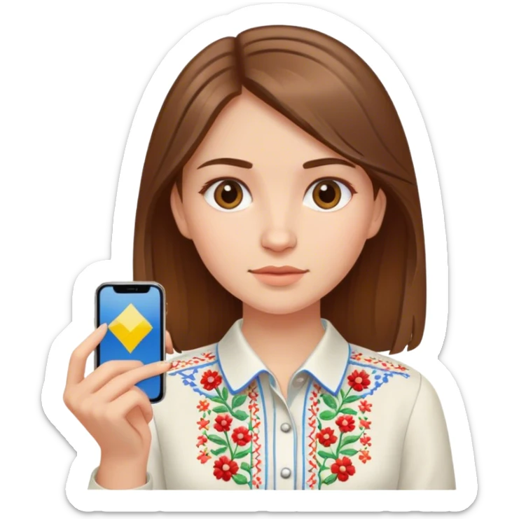 A Ukrainian girl with brown hair in an embroidered shirt holds a diagram in her hand sticker