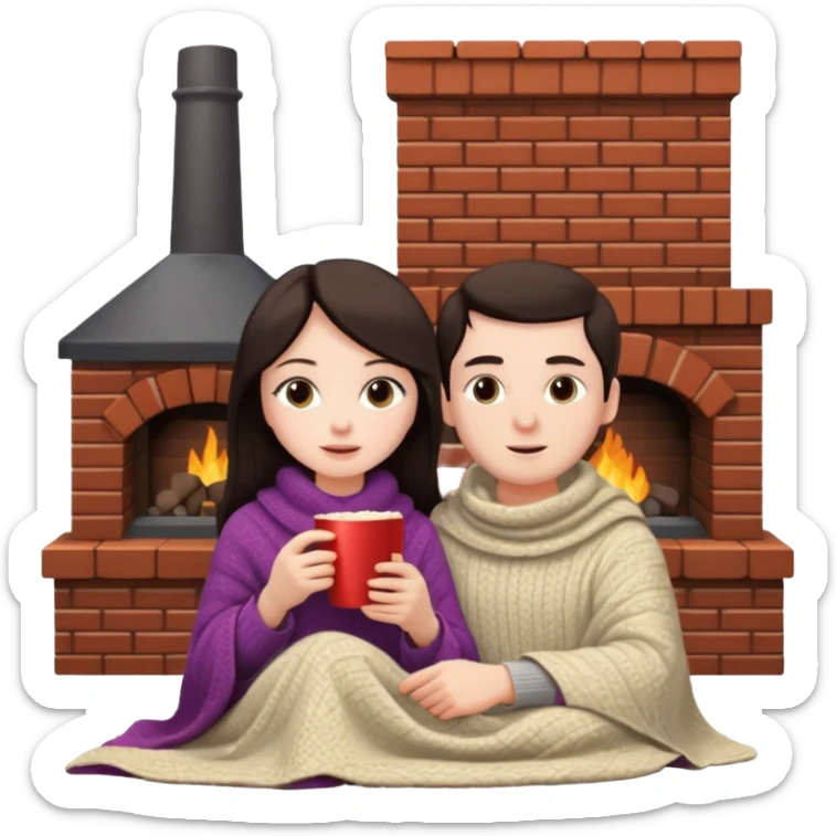 woman with dark hair with her husband at home near chimney watching movie under blanket cozy vibe sticker