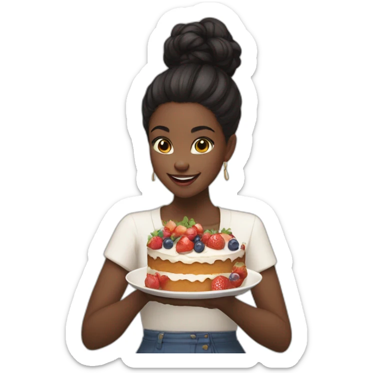 A black girl, black hair in a bun, eat cake throwing fruits away sticker