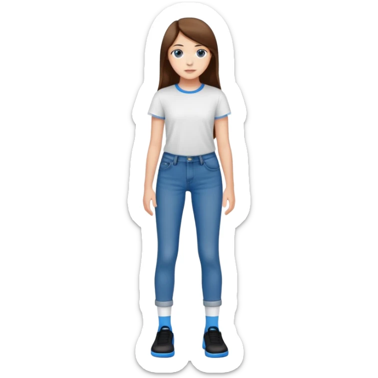 Cute 16 year old white girl that has long straight brown hair wearing a white T shirt as well as long tight blue jeans with brown eyes, and her wearing black socks and blue shoes sticker