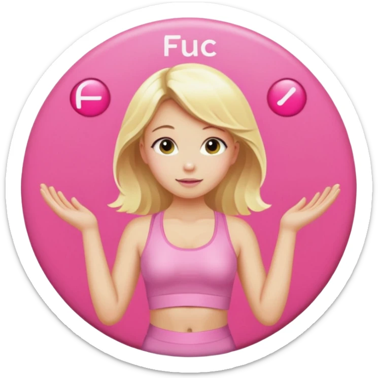 angelic blonde girl in light pink yoga outfit pushing "F U C K" pink button  sticker