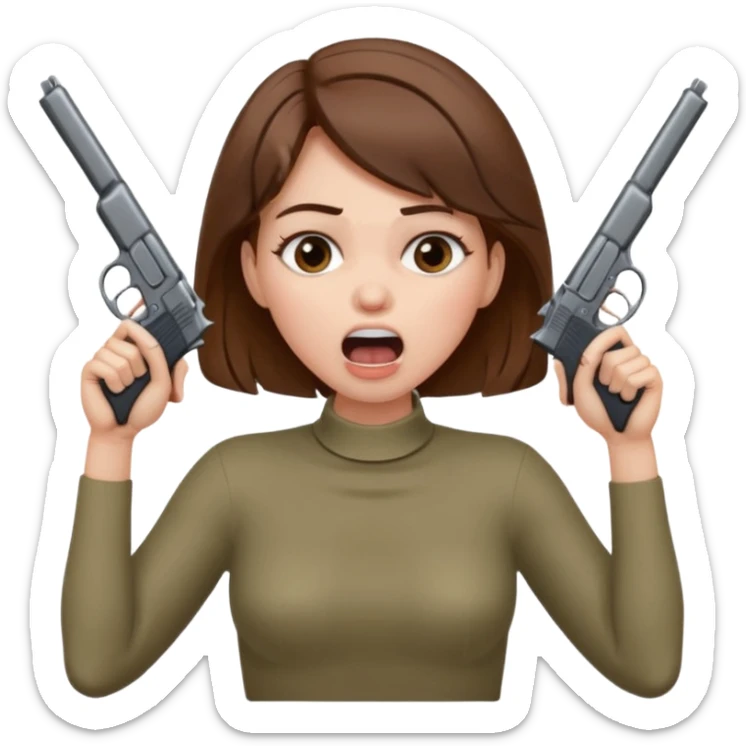 the woman emoji with brown hair and white skin choking herself  with both hands around her neck with her mouth open and two arms from behind her holding a gun in each hand point directly at her head sticker