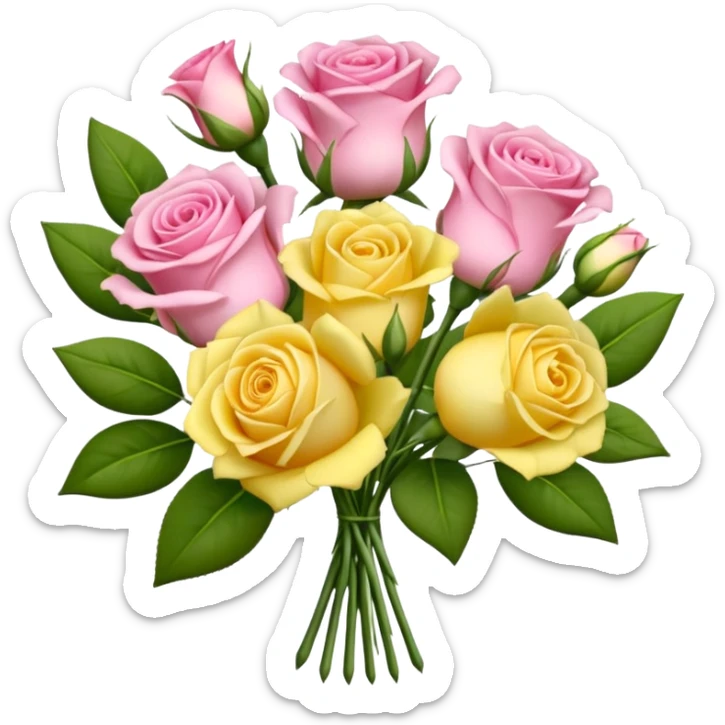 A mixed bouquet of four flowers, featuring pink roses and yellow lisianthus. sticker