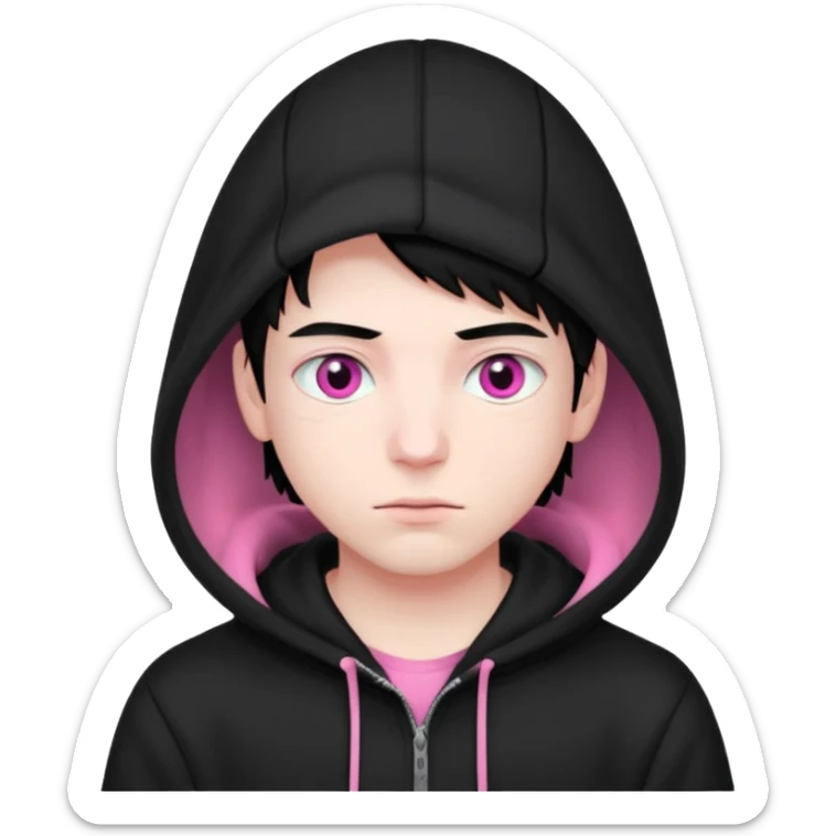 young man that has pink eyes with black hair and wearing a black hoodie that is completely black and the white part is the only pink part sticker