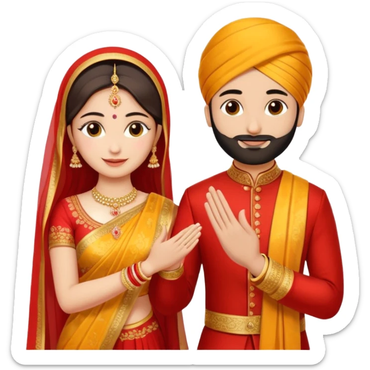 Two hands in a engagement..One hand of groom and one hand of bride. Bride dress - red/yellow saree. groom- light orange punjabi (oonly hands will be visible sticker