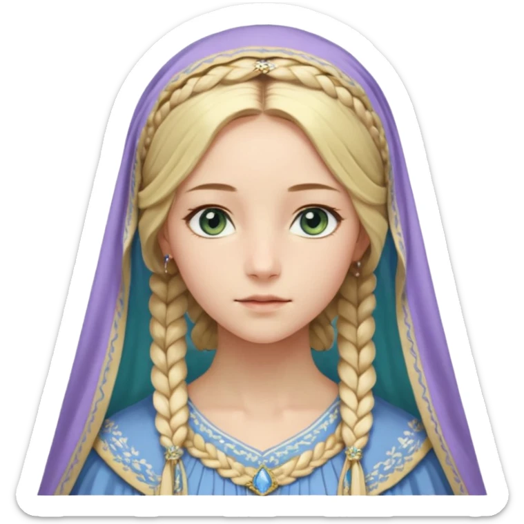 Joven de unos 30 años, de aspecto dulce y elegante.
Piel clara, ojos (pueden ser azules o verdes)
Rubio o castaño claro, largo, con trenzas o velo.
Vestido largo de tonos suaves (blanco, azul o lavanda), con bordados dorados; un manto o toca fina cubriendo la cabeza. Haz todo el cuerpo. sticker