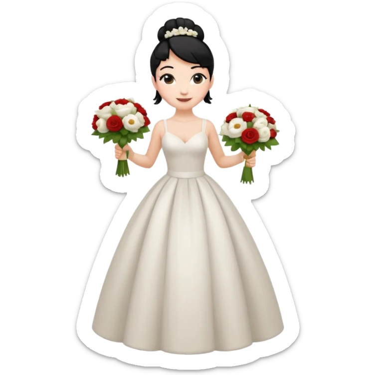 Chica blanca,cuerpo entero, vestido boda tirantes , pelo negro,   1 ramo de flores , pelo recogido en moño alto sticker