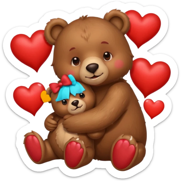 girl bear with bow and boy bear hugging, surrounded by hearts, playful and loving, cute sticker