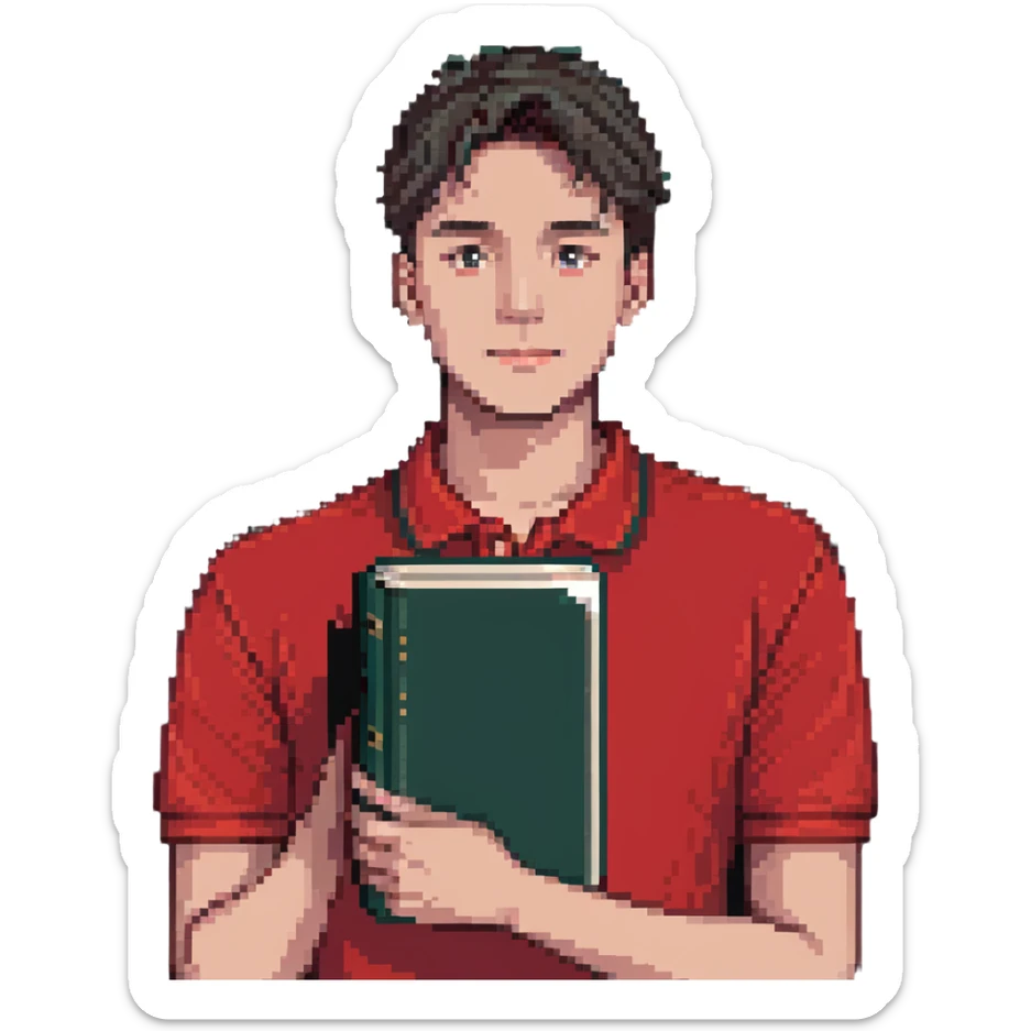 man with clean haircut, wearing a red polo shirt, holding a book sticker