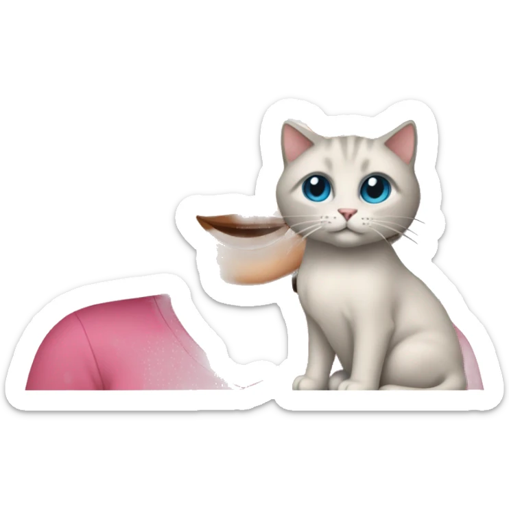White woman with blue eyes and long dark hair wearing a pink shirt and holding a tabby cat sticker