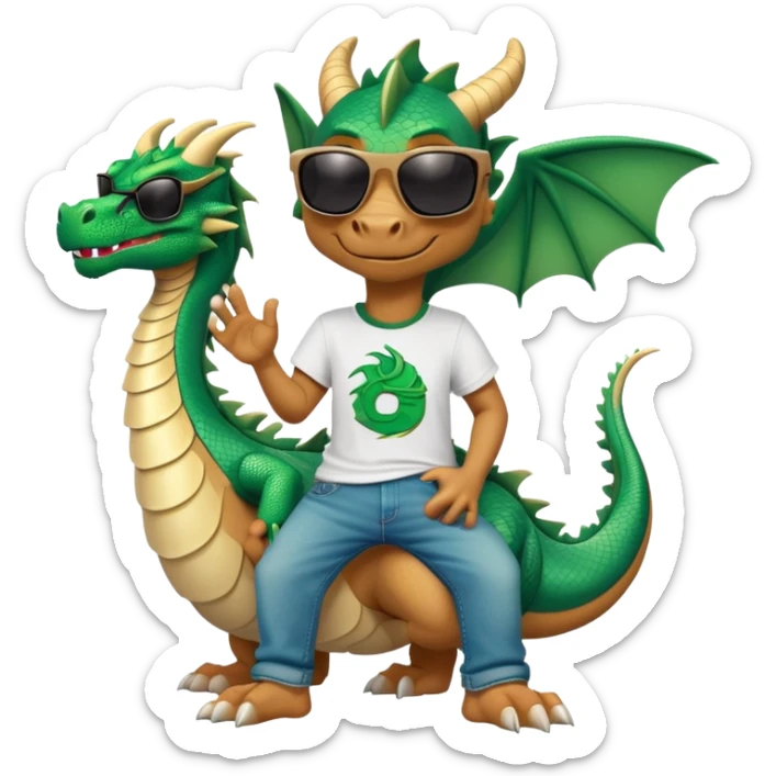 friendly anthropomorphised dragon in a hip-hop t-shirt and jeans with dark sunglasses, relaxed pose sticker