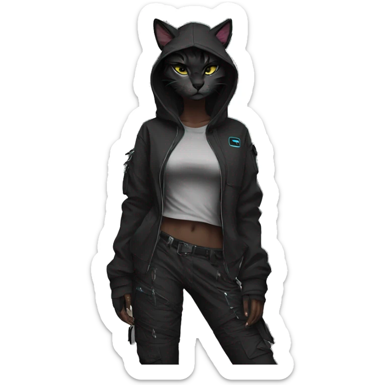 Edgy Anthro cool pretty dark cat-fursona techwear cargo pants hoodie sticker