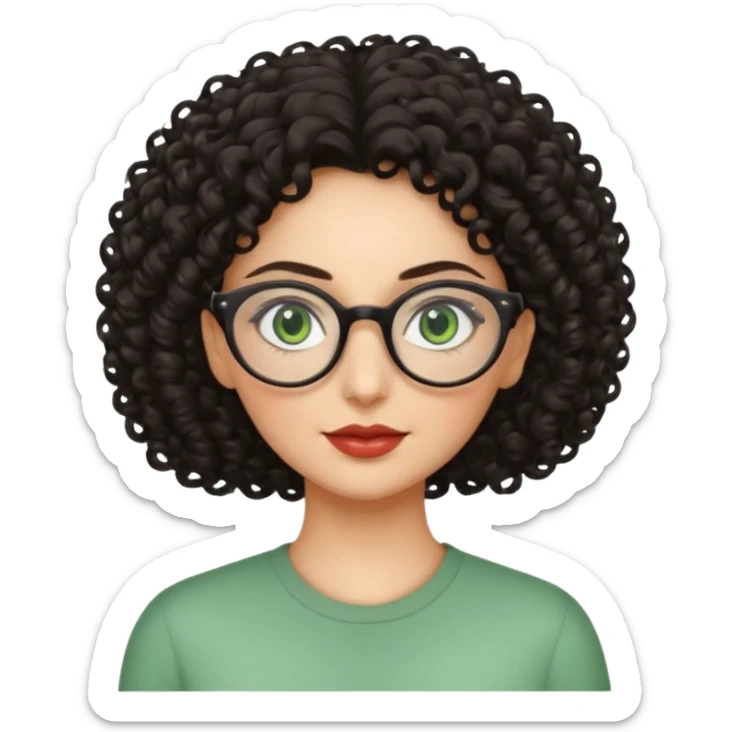 iranian woman, tight curly hair, glasses, green eyes, pretty, oval shape face sticker