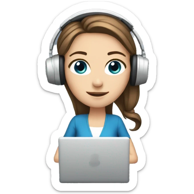 white girl at desk, brown hair, ponytail, blue eyes, computer, headphones sticker