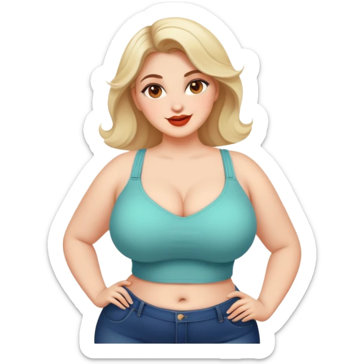 woman with voluptuous body, wearing trendy clothes, cheerful face sticker