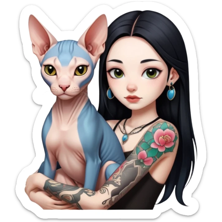 a Chinese girl with long black  straight hair and tattoos and Sphynx sticker
