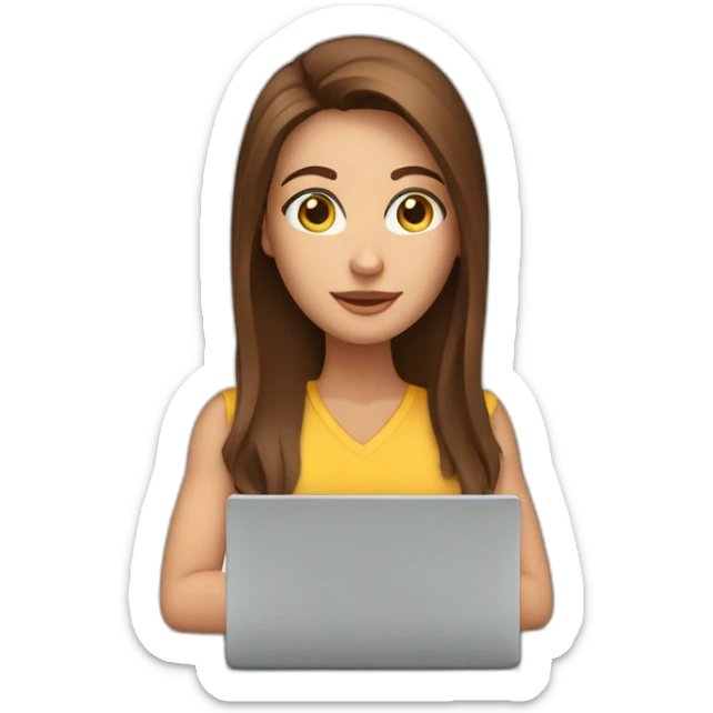 White woman brown long hair and brown eyes on arms looking at a laptop sticker