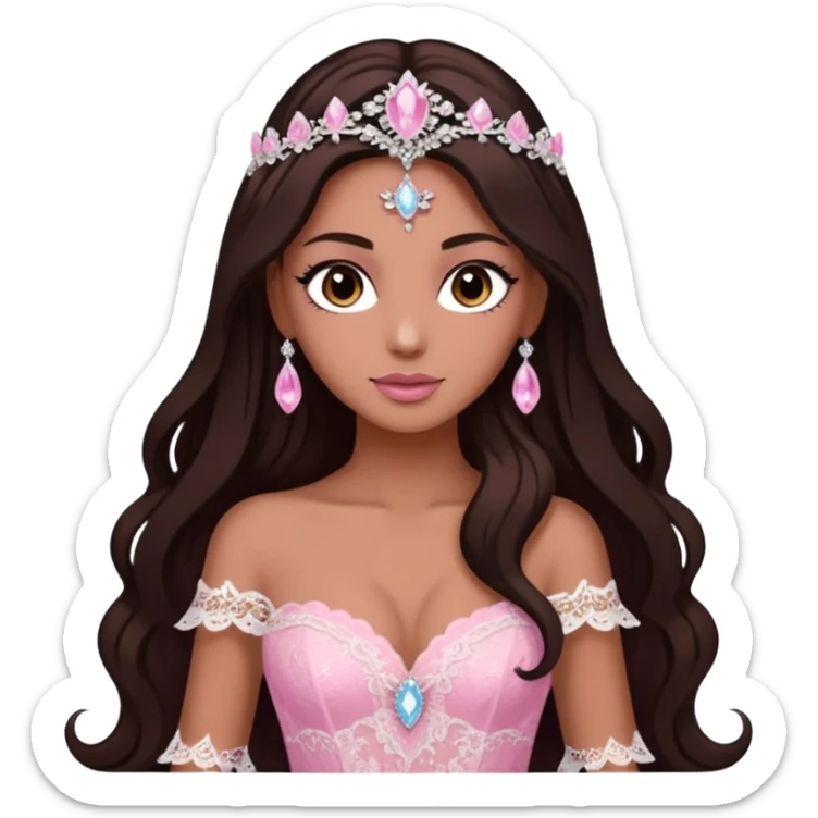 enchantress goddess wearing a embellished shimmering light powder white lace and swarovski pink gown with tanned skin and super long dark brown hair sticker