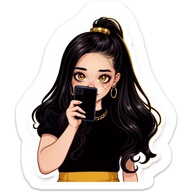 Beautiful young girl with dark choppy long hair flows as she holds her black phone with a gold septum ring that shines  sticker