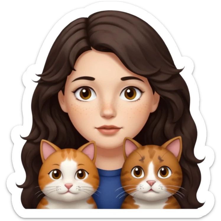 Uzun koyu kahverengi dalgalı saçlı, çenesinde beni olan ve yüzünde biraz çiller olan, iri koyu kahverengi bol kirpikli gözlü sevimli bir yüzü katlı kesim bir saçı olan kadın yap yanına da kilolu kahverengi bir kedi yap sticker
