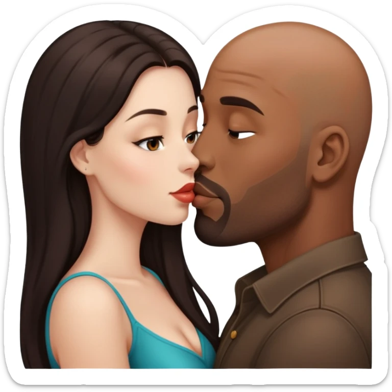 Beautiful woman with long dark hair, kissing a brown bald man sticker