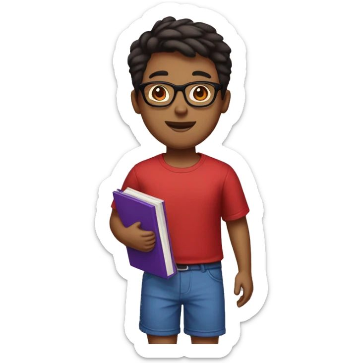 a brown boy in a red and black shirt, blue shorts, wearing sandals, short hair and black glasses, holding a purple book sticker