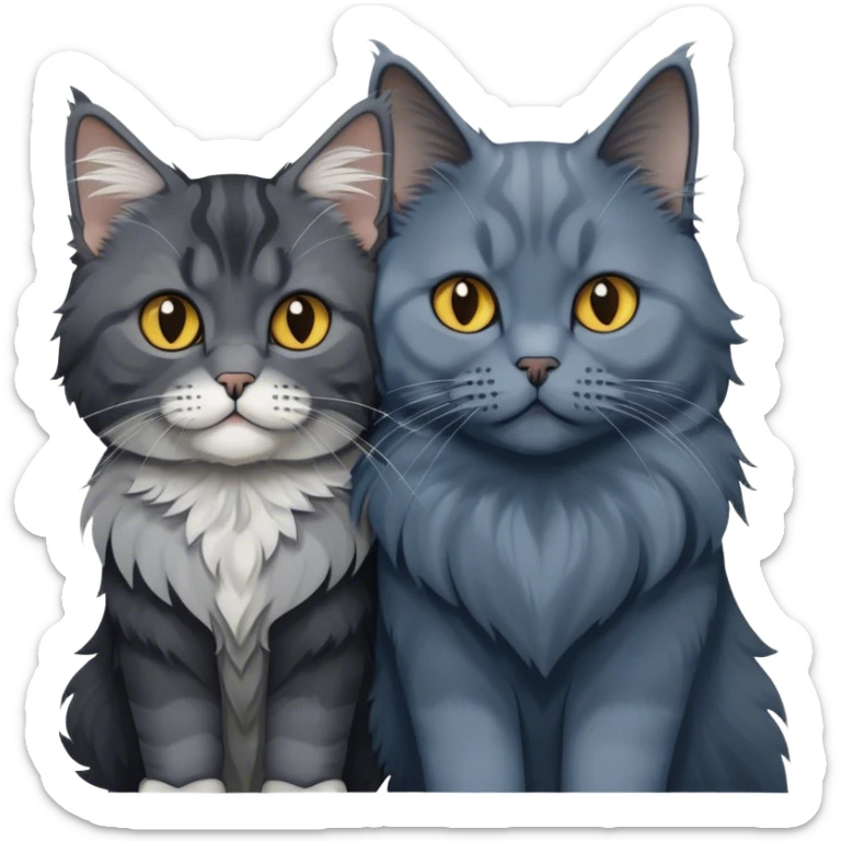 Portrait of a black smoke Maine Coon cat with long grey ear tufts, alongside a British Shorthair cat with a solid blue coat. Both cats with detailed fur textures and playful expressions. Soft, elegant background ща room with warm, natural tones. Transparent background. sticker