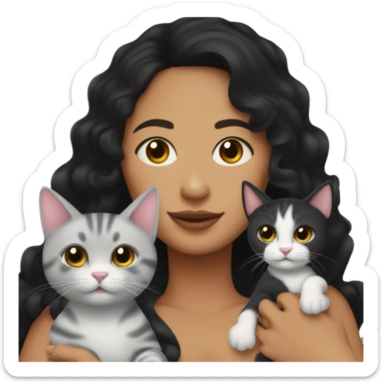 A pregnant woman with black wavy hair and her two cats next to her sticker