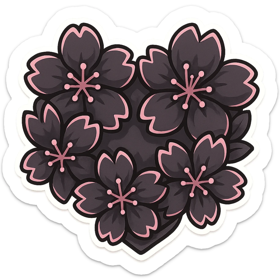 goth sakura heart, heart made of black sakura petals with pink accents, adorable and bold sticker