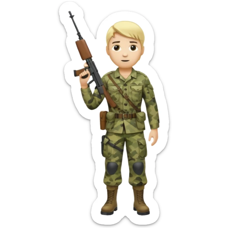 Full body of a Blonde army man holding service weapon and wearing camo uniform  sticker