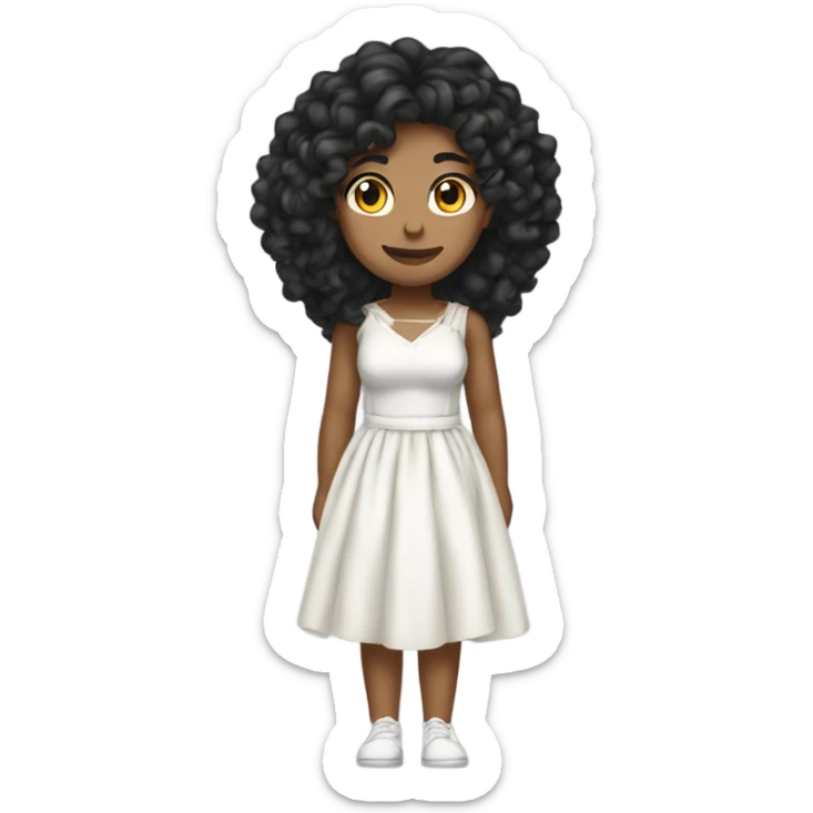 Tan girl with black long curly hair and white tied dress full body sticker