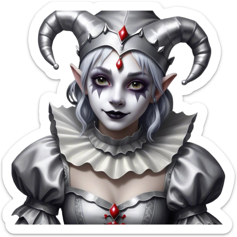 Cinematic girl in the style of a Jester, Ultra realistic 32k HD, Breathtaking piece of art, rim lighting, hauntingly beautiful art, mostly greyscale, Balanced features, highly detailed digital artwork, glowing with silver light, glowing, high shine, deviant adoptable, highly detailed clothing, remembrance, a painting of white silver, fanciful, enchanting, ghostly, embodying the essence of both reality and fantasy, dreamy, dreamy glow, optical illusion, immaculate composition, complex pose, air composition. The image is so lifelike that it feels as though it could leap off the canvas at any moment sticker