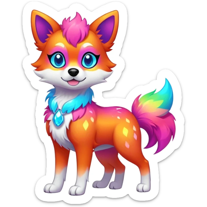Vibrant multicolored neon-colored Falvie-Fionbri-creature-sparkle-dog-fursona, full body sticker