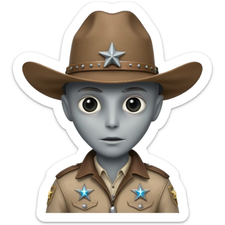 Close-up portrait of a classic grey alien cowboy, large black eyes, smooth pale skin, wearing a worn leather cowboy hat and futuristic sheriff badge, dramatic side lighting, shallow depth of field, ultra detailed skin texture, cinematic western sci-fi style
 sticker