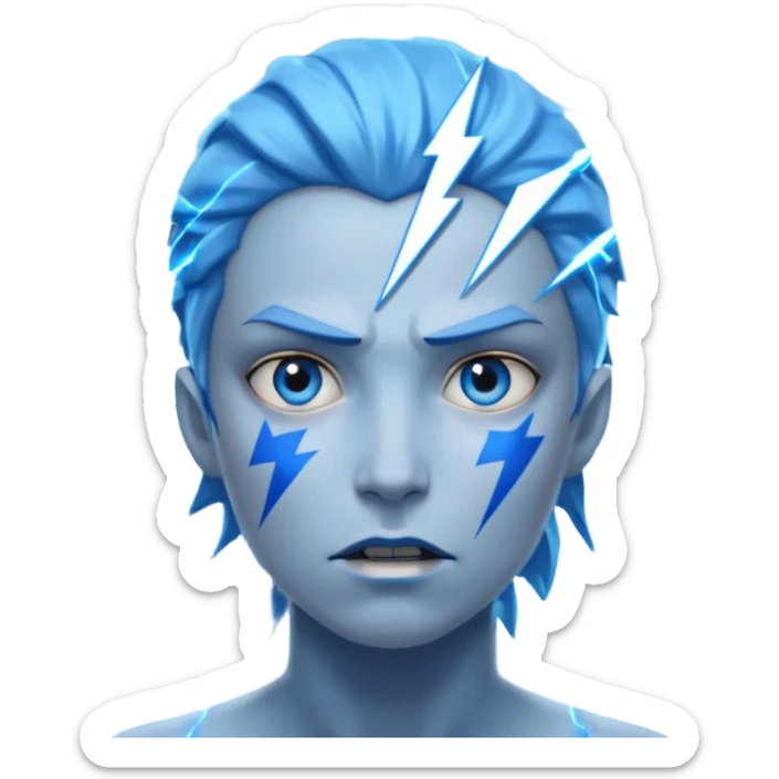 Rayos, centellas y estrellas en una cara color azul con expresiones de furia sticker