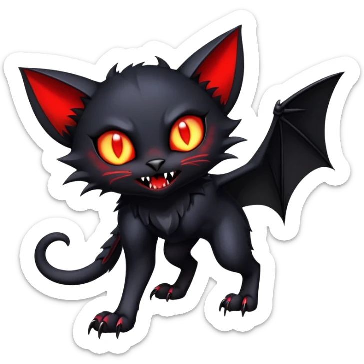 Vampiric feral futuristic gothic emo black bat-cat-Litten-Noibat-Fakémon-hybrid-creature (full body) sticker