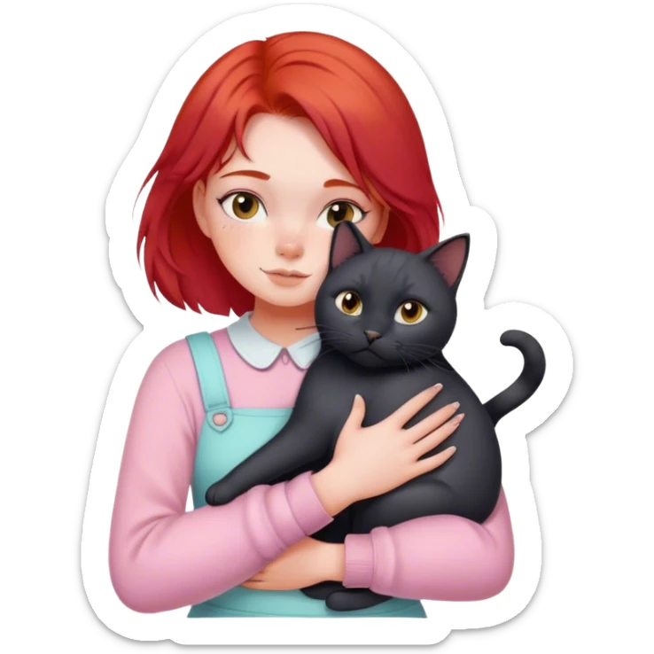 
a girl with red hair in pastel clothes hugs a black British cat sticker
