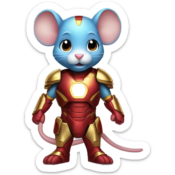 A cute mouse wearing an Iron Man suit with red and gold armor, glowing blue accents, and a confident pose. sticker