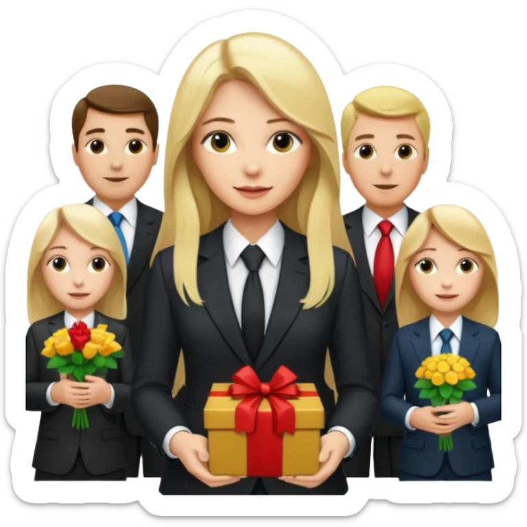 "Young blonde woman with long hair in the center, rich businessmen in suits around her, giving gifts, money, and flowers." sticker