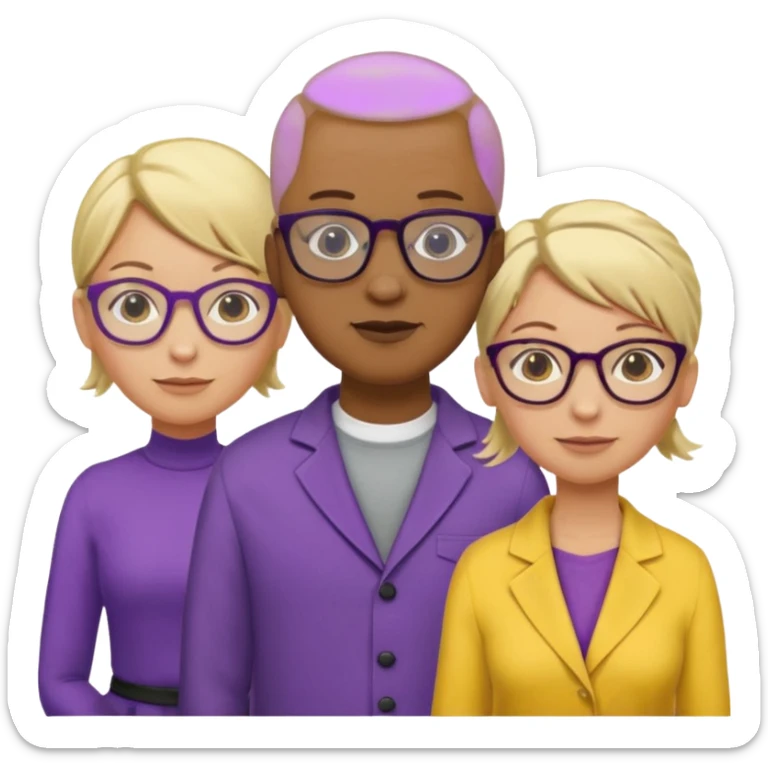 FIVE person team; 2 men and 3 women.  All dressed in yellow or purple.  2 caucasian women have blonde and 1 has ash blonde hair tied up.  1 man is African-american and bald, 1 man is caucasian and very little hair left.  All have glasses sticker