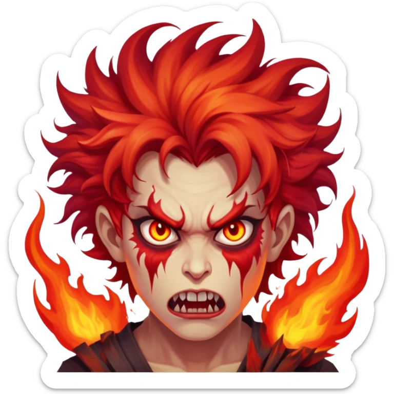 Wild demonic artist with crazy hair and fiery eyes, painting chaotic hellish scenes sticker
