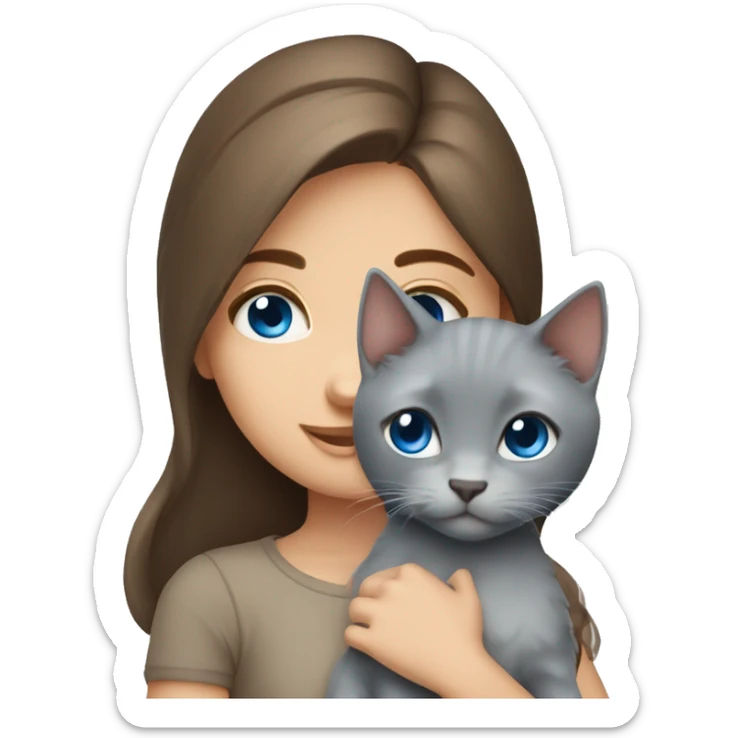 blue eyes grey kitten and brown hair girl hugs sticker