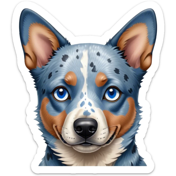 Cinematic Noble Blue Speckle Australian Cattle Dog Portrait Emoji, Poised and regal, with a robust, athletic build and a striking blue speckle Fur, piercing blue eyes, Simplified yet sharp and sophisticated features, highly detailed, glowing with a cool, dignified glow, high shine, intelligent and hardworking, stylized with an air of precision, focused and attentive, soft glowing outline, capturing the essence of a watchful and determined herder, so majestic it feels as though it could leap out of the screen with effortless authority! sticker